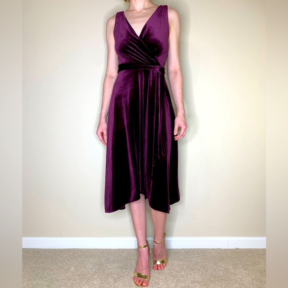DKNY Purple Velvet Sleeveless Dress with Tie Waist